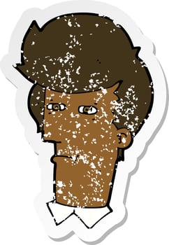 retro distressed sticker of a cartoon man narrowing eyes vector