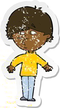 retro distressed sticker of a cartoon suspicious man looking over shoulder vector