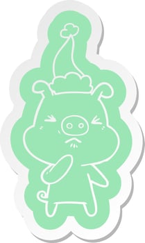 cartoon  sticker of a angry pig wearing santa hat vector