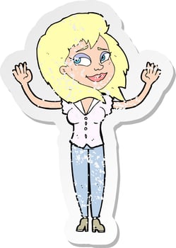 retro distressed sticker of a cartoon woman giving up vector