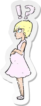 retro distressed sticker of a cartoon confused pregnant woman vector