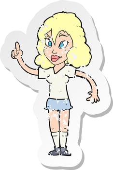 retro distressed sticker of a cartoon pretty woman with idea vector