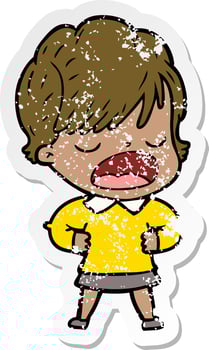 distressed sticker of a cartoon woman talking vector