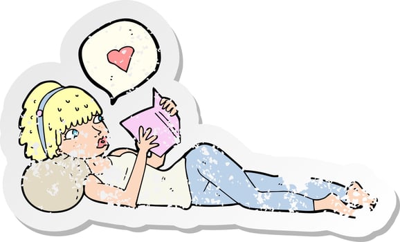 retro distressed sticker of a cartoon woman loving her book vector