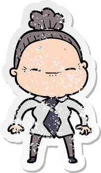 distressed sticker of a cartoon peaceful old woman vector