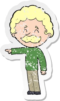 retro distressed sticker of a cartoon man with mustache pointing vector
