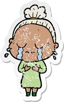 distressed sticker of a cartoon crying old lady vector