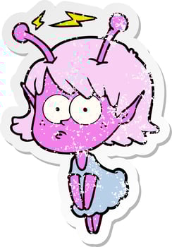 distressed sticker of a cartoon alien girl vector