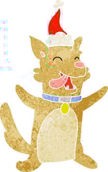 retro cartoon of a happy dog wearing santa hat vector