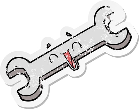 distressed sticker of a cartoon laughing spanner vector