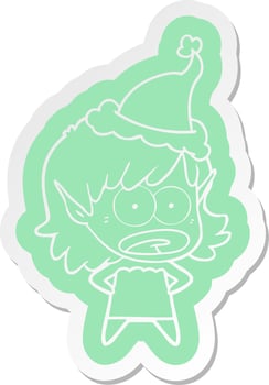 cartoon  sticker of a shocked elf girl wearing santa hat vector