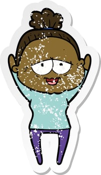 distressed sticker of a cartoon happy old lady vector