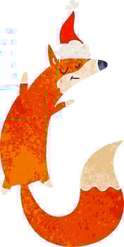 retro cartoon of a jumping fox wearing santa hat vector