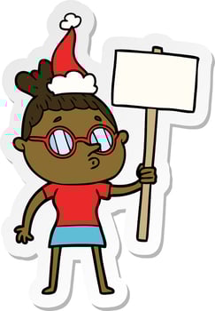 sticker cartoon of a woman wearing glasses wearing santa hat vector