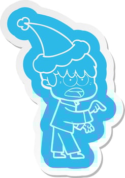 worried cartoon  sticker of a boy wearing santa hat vector
