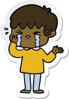 sticker of a cartoon boy crying vector