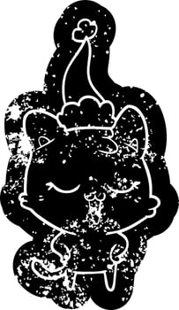 happy cartoon distressed icon of a cat wearing santa hat vector