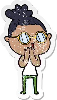 distressed sticker of a cartoon woman wearing spectacles vector