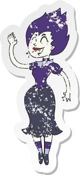 retro distressed sticker of a cartoon vampire girl vector