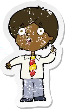 retro distressed sticker of a cartoon schoolboy answering question vector