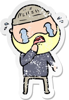 distressed sticker of a cartoon bearded man crying vector