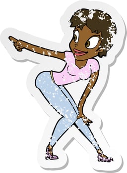 retro distressed sticker of a cartoon pretty woman pointing vector