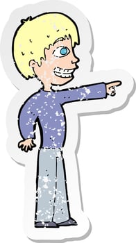 retro distressed sticker of a cartoon grinning boy pointing vector
