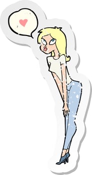 retro distressed sticker of a cartoon woman with love heart vector