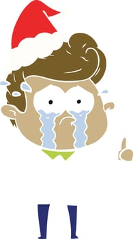 flat color illustration of a crying man wearing santa hat vector