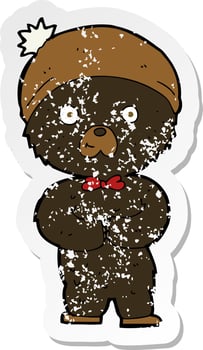 retro distressed sticker of a cartoon little black bear vector