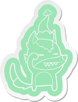 tired wolf cartoon  sticker of a wearing santa hat vector