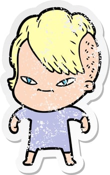 distressed sticker of a cute cartoon girl with hipster haircut vector