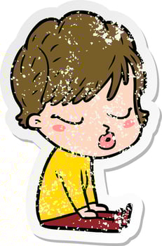 distressed sticker of a cartoon woman with eyes shut vector