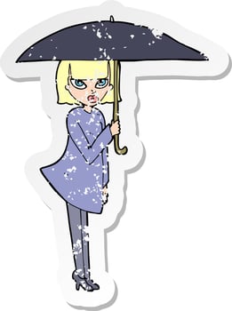 retro distressed sticker of a cartoon woman with umbrella vector