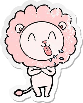 distressed sticker of a happy cartoon lion vector