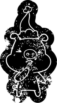 cartoon distressed icon of a angry pig wearing santa hat vector