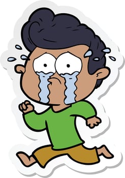 sticker of a cartoon crying man running vector