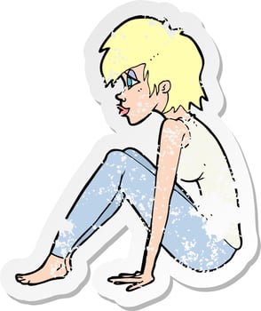 retro distressed sticker of a cartoon woman sitting vector