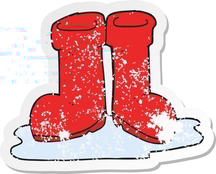 retro distressed sticker of a cartoon wellington boots in puddle vector