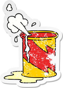 distressed sticker of a quirky hand drawn cartoon exploding oil can vector
