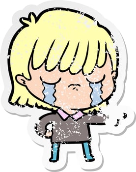 distressed sticker of a cartoon woman crying vector