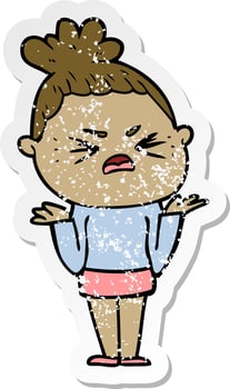 distressed sticker of a cartoon angry woman vector