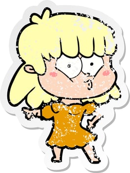 distressed sticker of a cartoon whistling girl vector