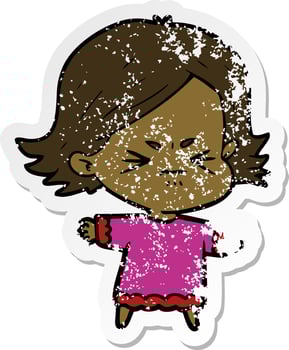 distressed sticker of a cartoon angry woman vector