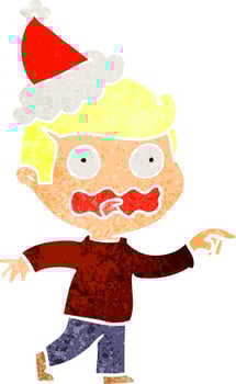 retro cartoon of a stressed out pointing wearing santa hat vector