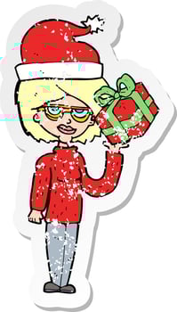 retro distressed sticker of a cartoon woman getting ready for christmas vector