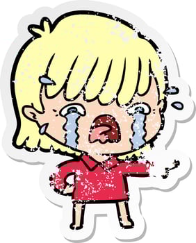 distressed sticker of a cartoon girl crying vector