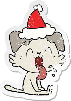 distressed sticker cartoon of a panting dog wearing santa hat vector