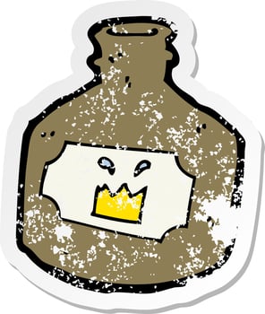 retro distressed sticker of a cartoon old whiskey bottle vector