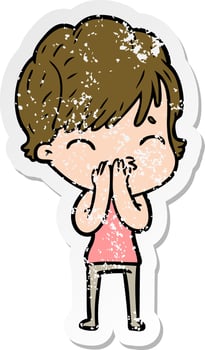 distressed sticker of a cartoon woman thinking vector